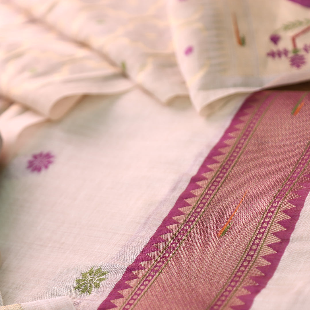 Mausami Shell White with Purple Jamdani Jacquard Paithani Inspired Chanderi Set