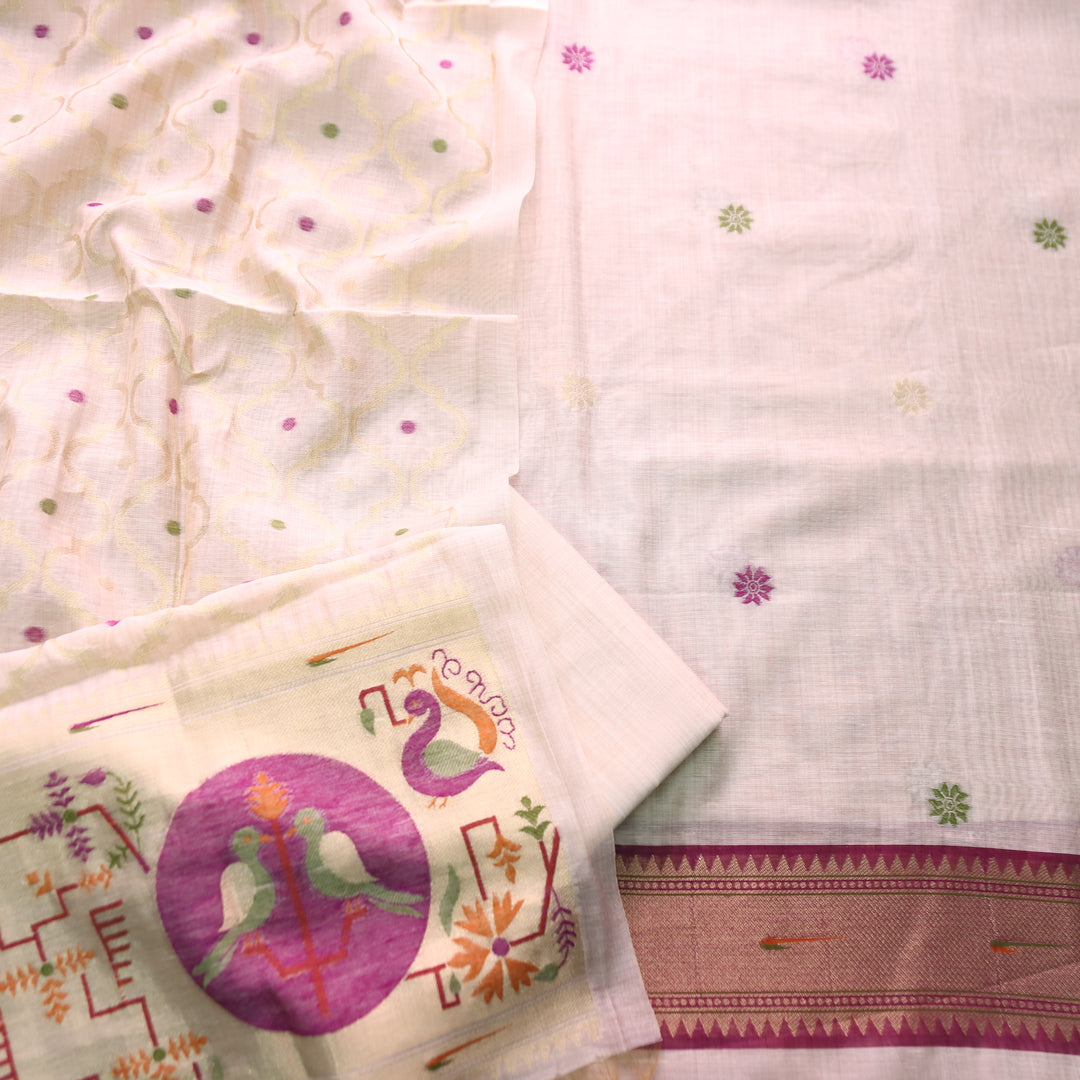 Mausami Shell White with Purple Jamdani Jacquard Paithani Inspired Chanderi Set