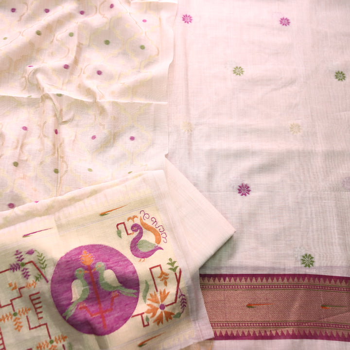 Mausami Shell White with Purple Jamdani Jacquard Paithani Inspired Chanderi Set