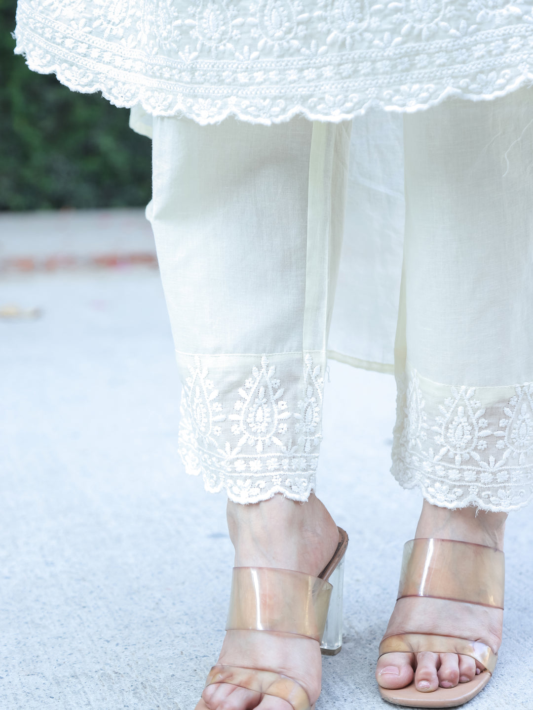 Mahnoor Pearl White Angrakha Yoke Chikankari Inspired Anarkali Mul Cotton 3 Piece Set