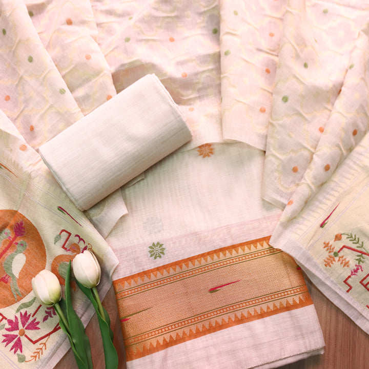 Mausami Shell White with Orange Jamdani Jacquard Paithani Inspired Chanderi Set