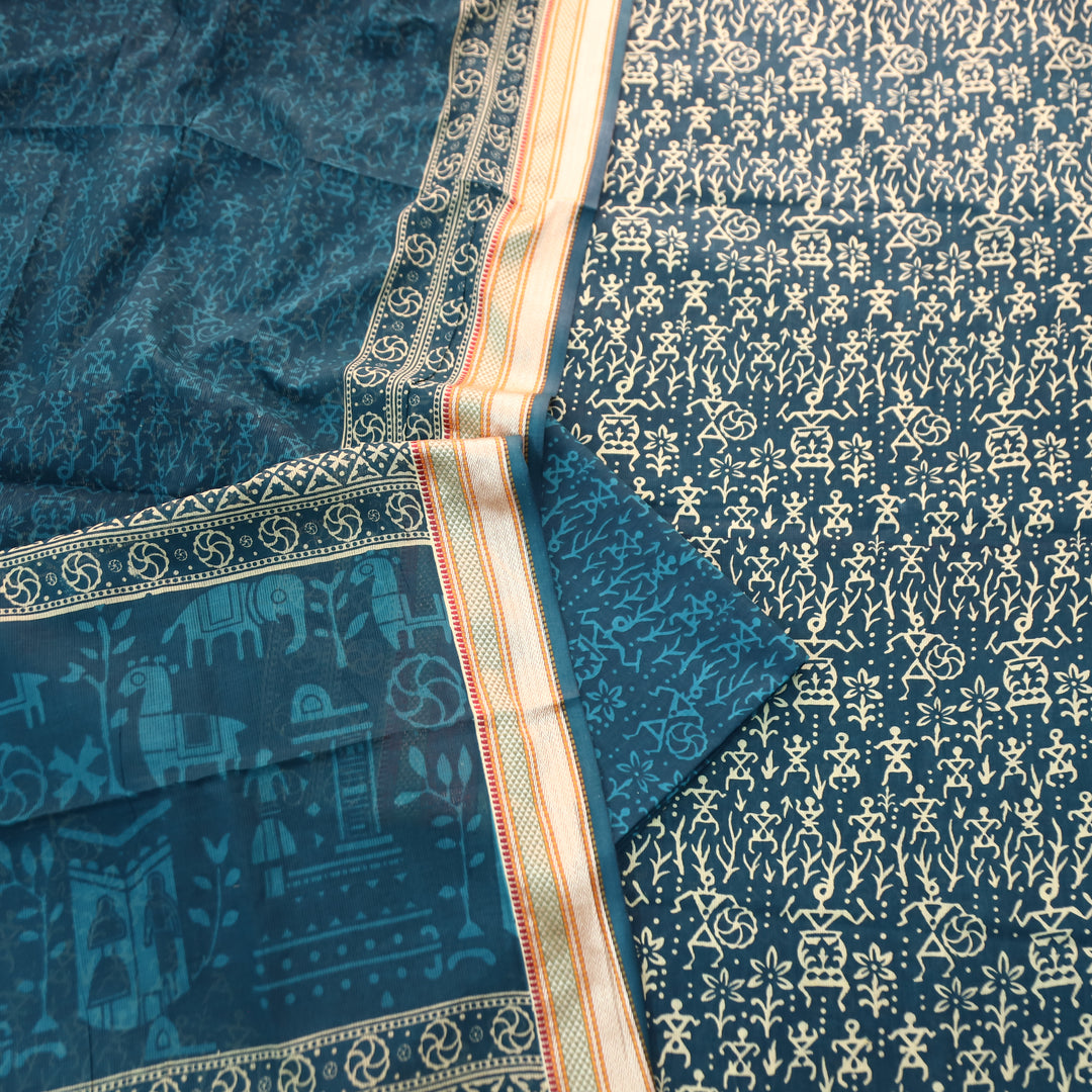 Anaya Cerulean Blue Warli Printed in Mangalgiri Hem Work Cotton Suit Set D1