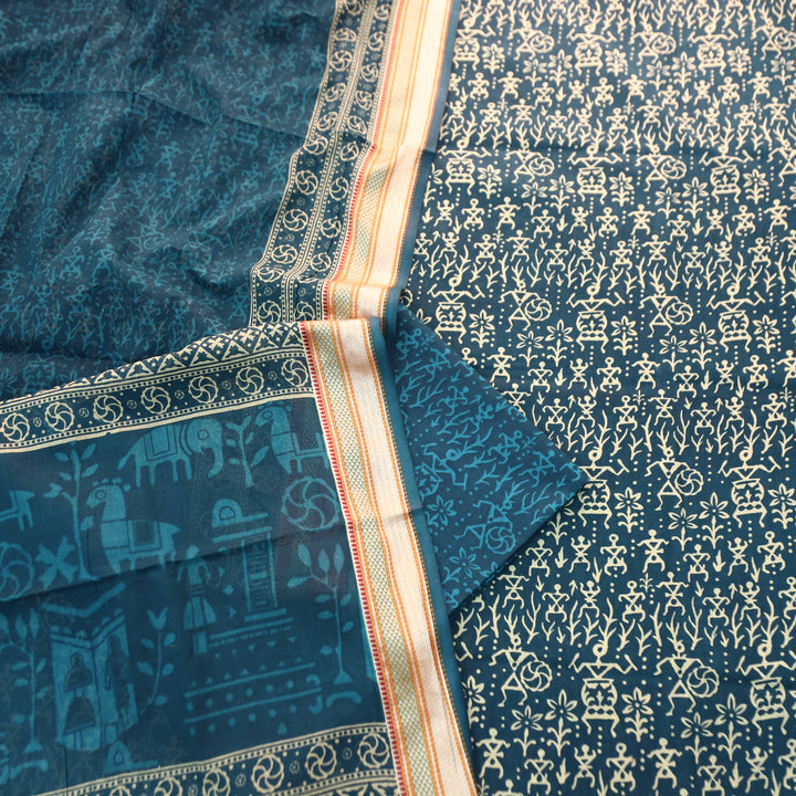 Anaya Cerulean Blue Warli Printed in Mangalgiri Hem Work Cotton Suit Set D1