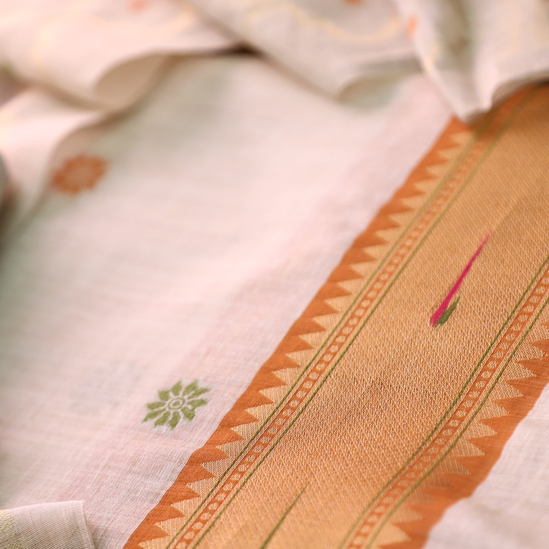 Mausami Shell White with Orange Jamdani Jacquard Paithani Inspired Chanderi Set