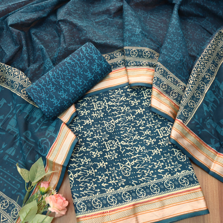 Anaya Cerulean Blue Warli Printed in Mangalgiri Hem Work Cotton Suit Set D1