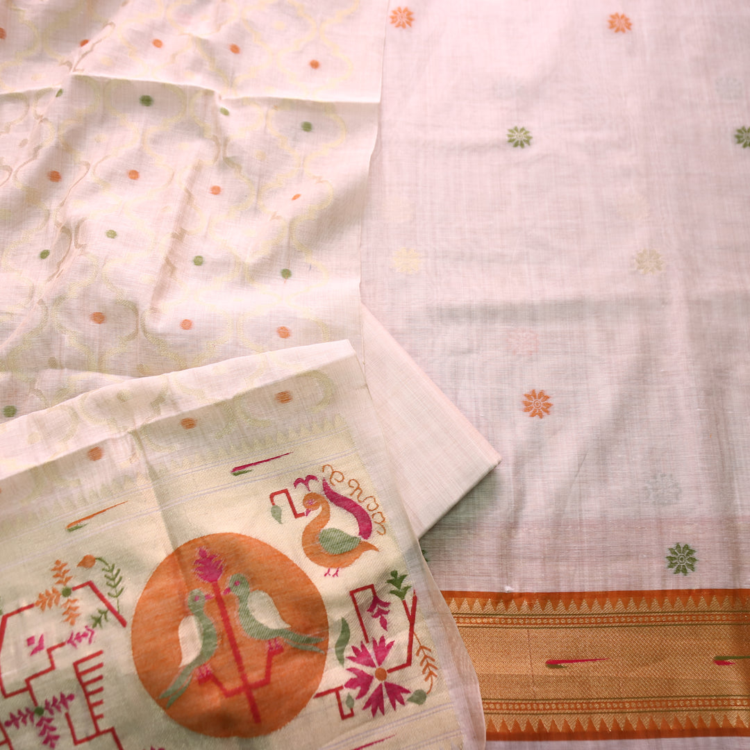 Mausami Shell White with Orange Jamdani Jacquard Paithani Inspired Chanderi Set