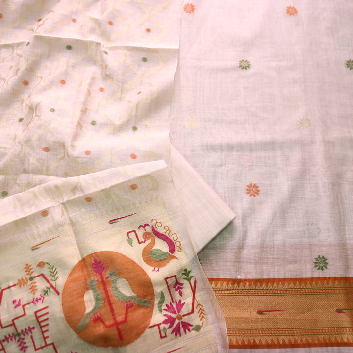 Mausami Shell White with Orange Jamdani Jacquard Paithani Inspired Chanderi Set