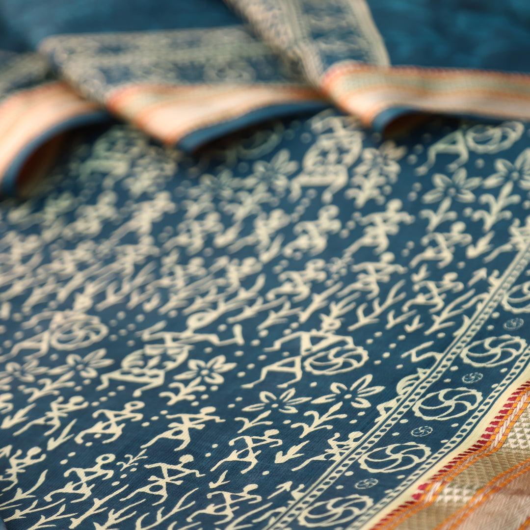 Anaya Cerulean Blue Warli Printed in Mangalgiri Hem Work Cotton Suit Set D1