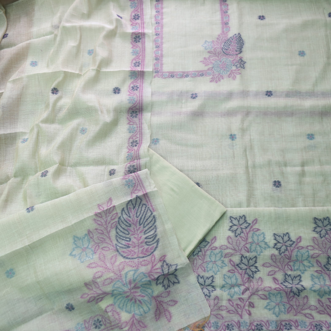 Ambarsari Fern Green with Authentic Floral Jamdani Weaved Chanderi Suit Set