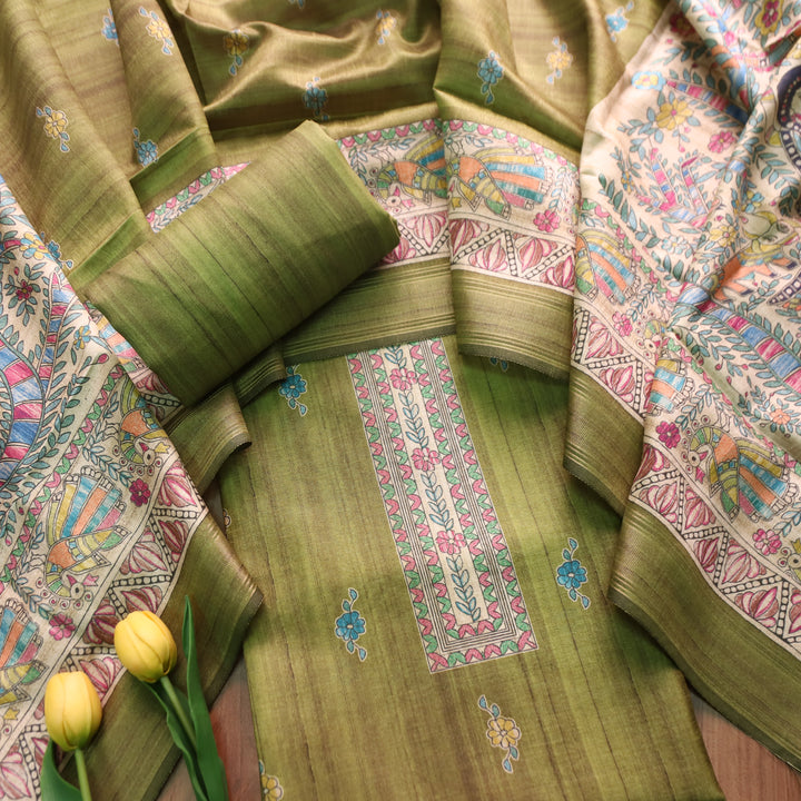 Ashwani Grass Green Madhubai Print Neck and Hemline Art Silk Tussar Set