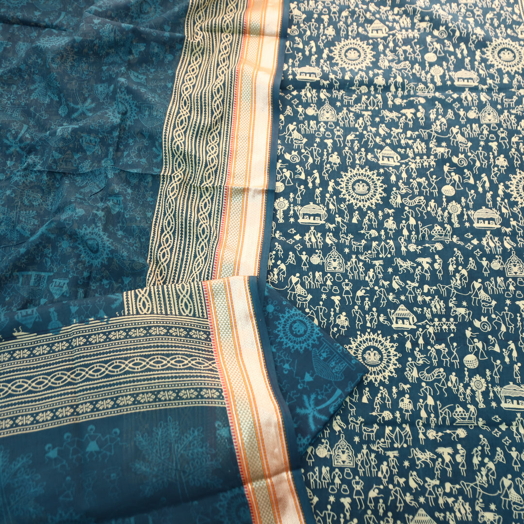 Anaya Cerulean Blue Warli Printed in Mangalgiri Hem Work Cotton Suit Set D2