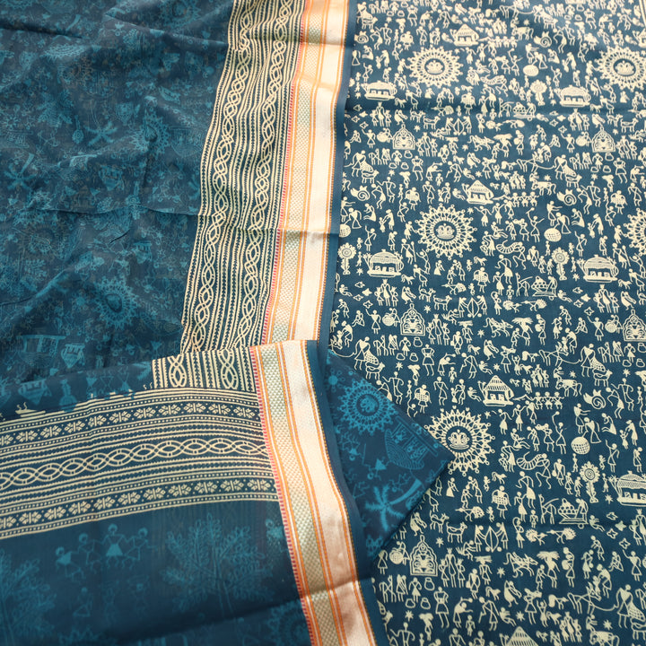 Anaya Cerulean Blue Warli Printed in Mangalgiri Hem Work Cotton Suit Set D2