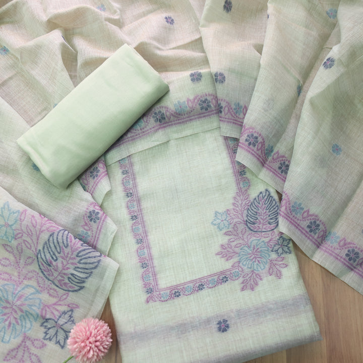 Ambarsari Fern Green with Authentic Floral Jamdani Weaved Chanderi Suit Set