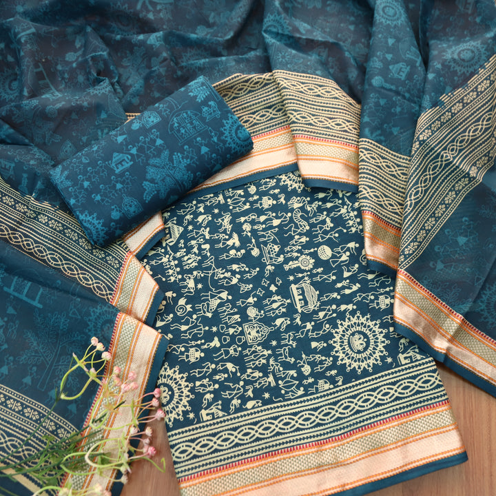 Anaya Cerulean Blue Warli Printed in Mangalgiri Hem Work Cotton Suit Set D2