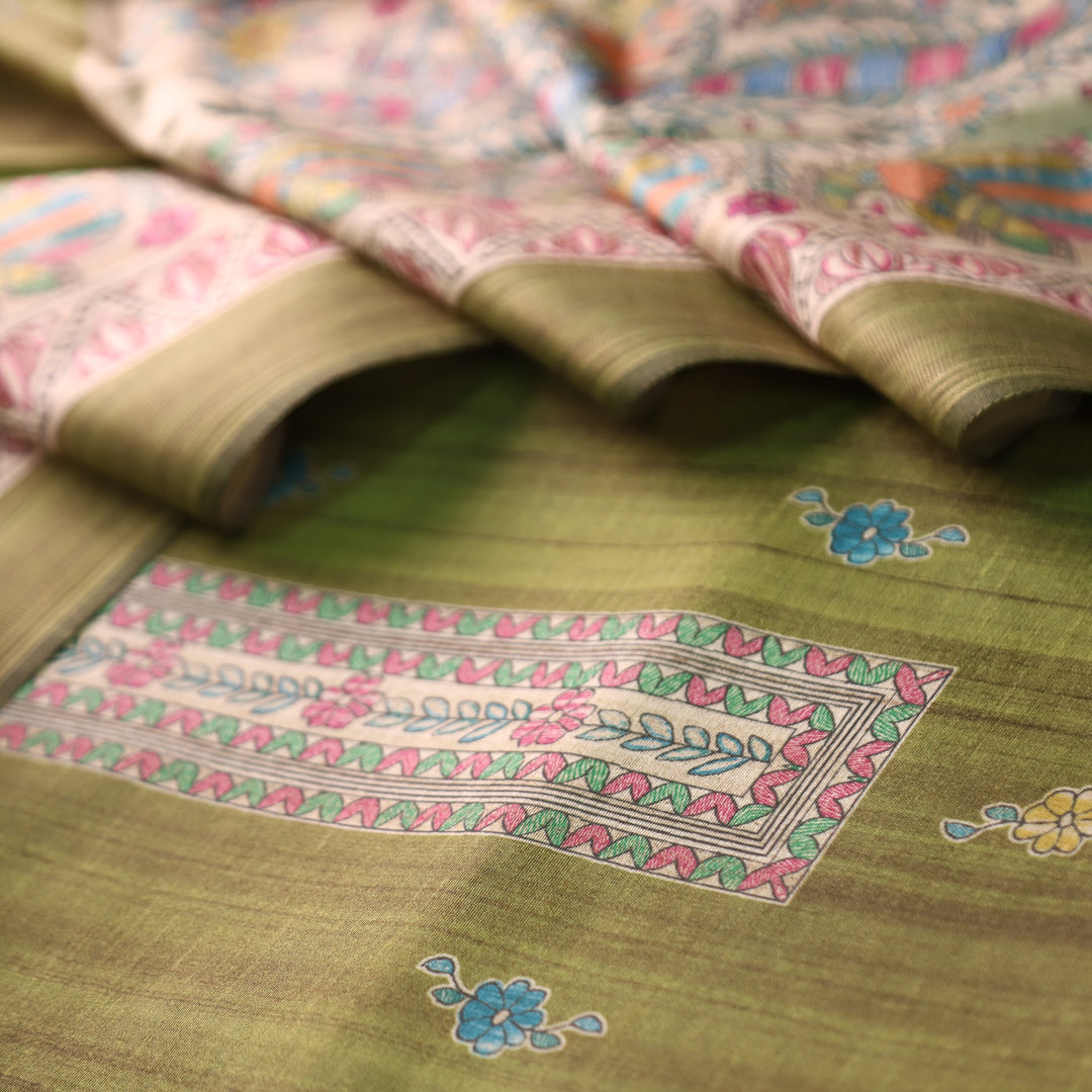 Ashwani Grass Green Madhubai Print Neck and Hemline Art Silk Tussar Set