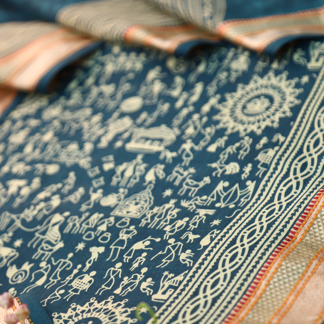 Anaya Cerulean Blue Warli Printed in Mangalgiri Hem Work Cotton Suit Set D2