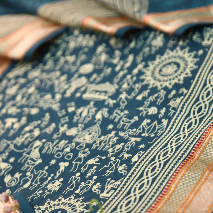 Anaya Cerulean Blue Warli Printed in Mangalgiri Hem Work Cotton Suit Set D2