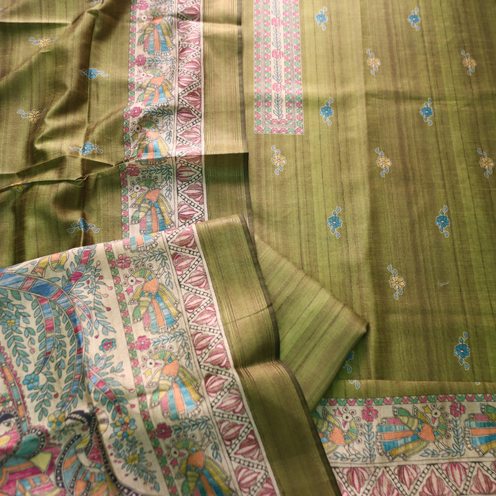 Ashwani Grass Green Madhubai Print Neck and Hemline Art Silk Tussar Set