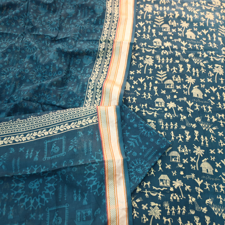 Anaya Cerulean Blue Warli Printed in Mangalgiri Hem Work Cotton Suit Set D3