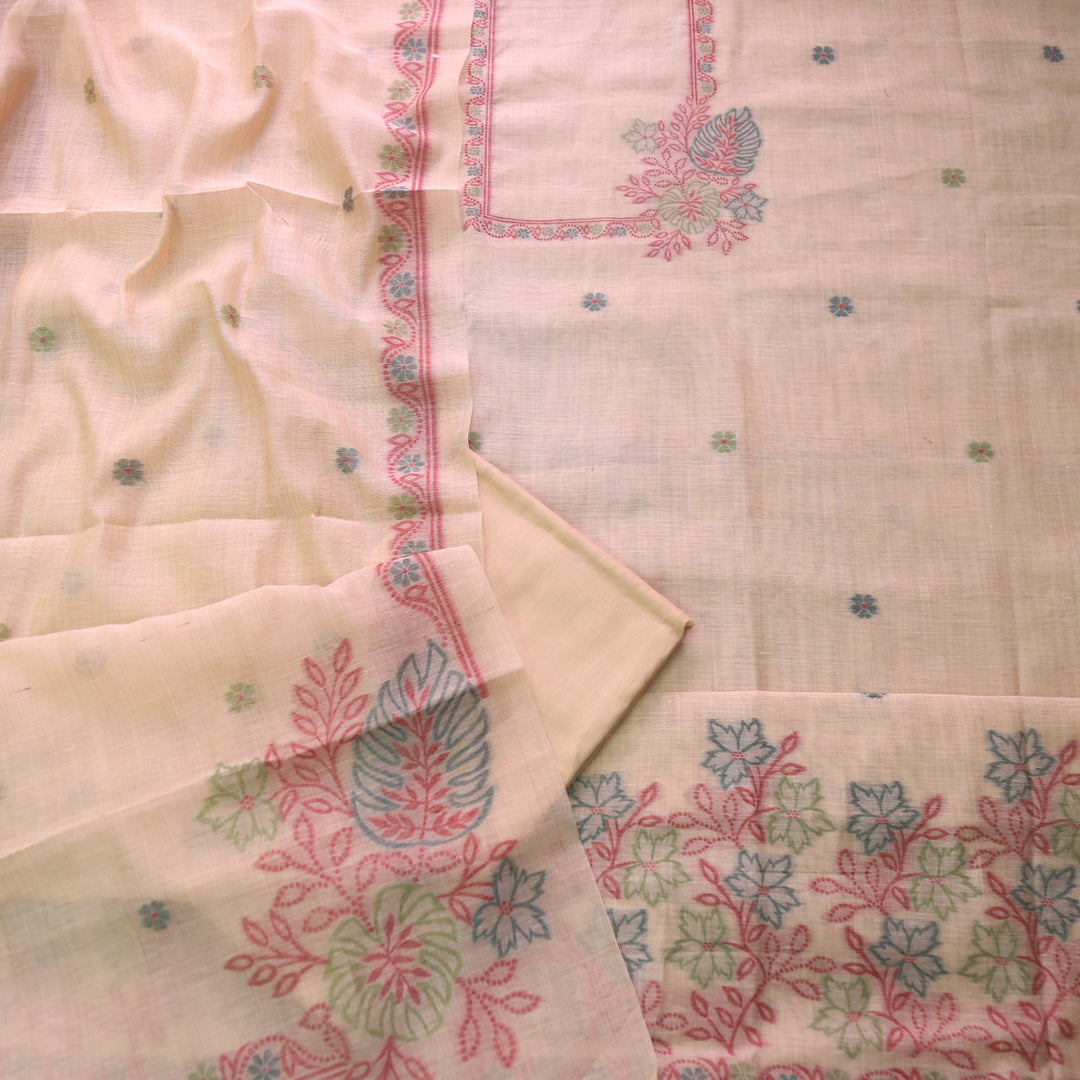 Ambarsari Warm Peach with Authentic Floral Jamdani Weaved Chanderi Suit Set