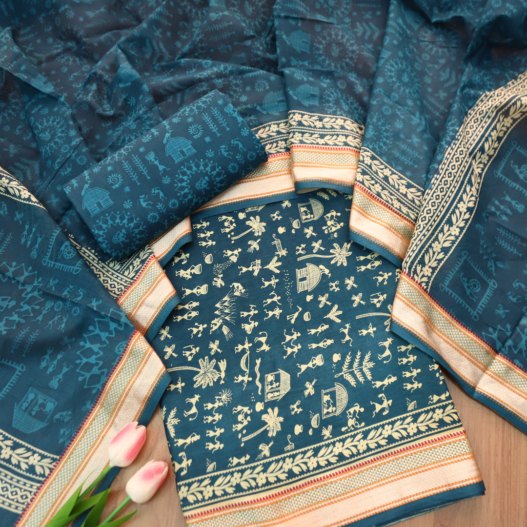 Anaya Cerulean Blue Warli Printed in Mangalgiri Hem Work Cotton Suit Set D3