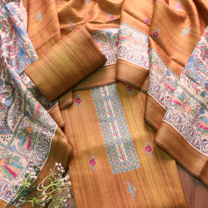 Ashwani Peanut Yellow Madhubai Print Neck and Hemline Art Silk Tussar Set