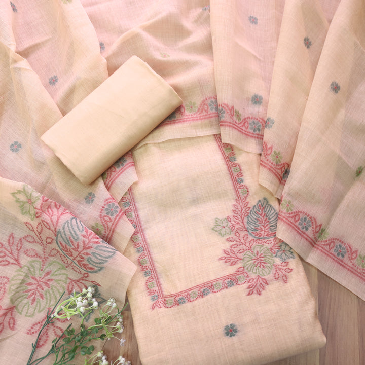 Ambarsari Warm Peach with Authentic Floral Jamdani Weaved Chanderi Suit Set