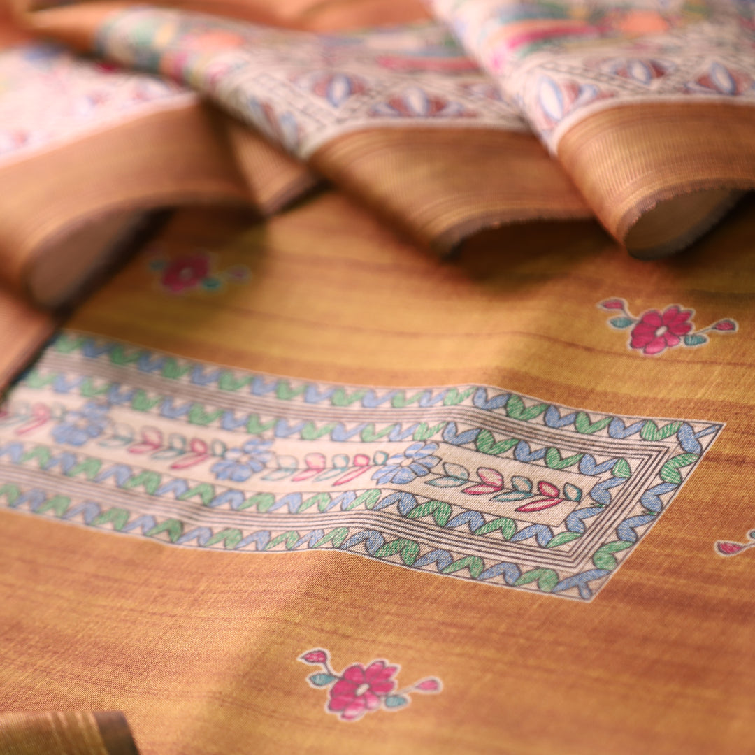 Ashwani Peanut Yellow Madhubai Print Neck and Hemline Art Silk Tussar Set