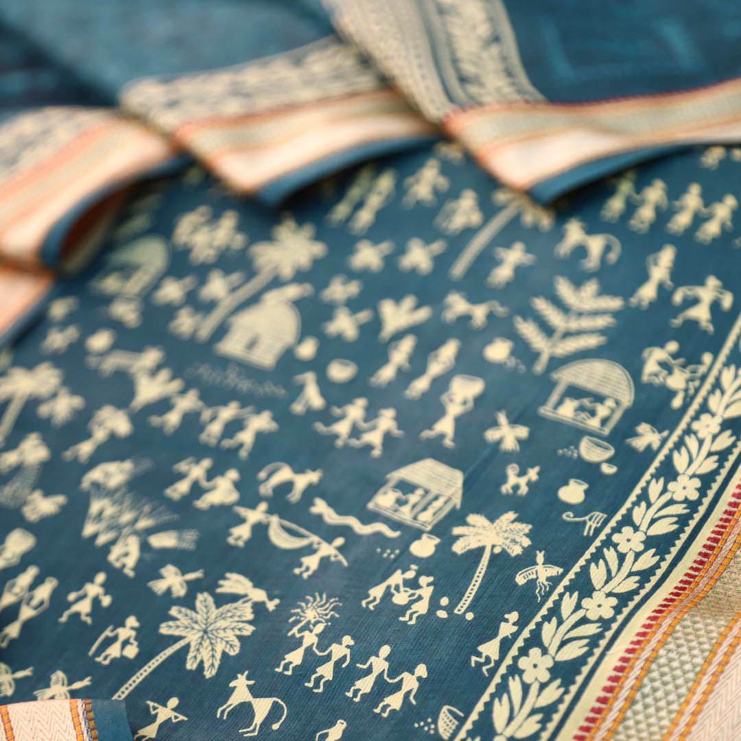 Anaya Cerulean Blue Warli Printed in Mangalgiri Hem Work Cotton Suit Set D3