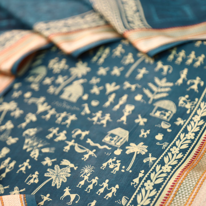 Anaya Cerulean Blue Warli Printed in Mangalgiri Hem Work Cotton Suit Set D3