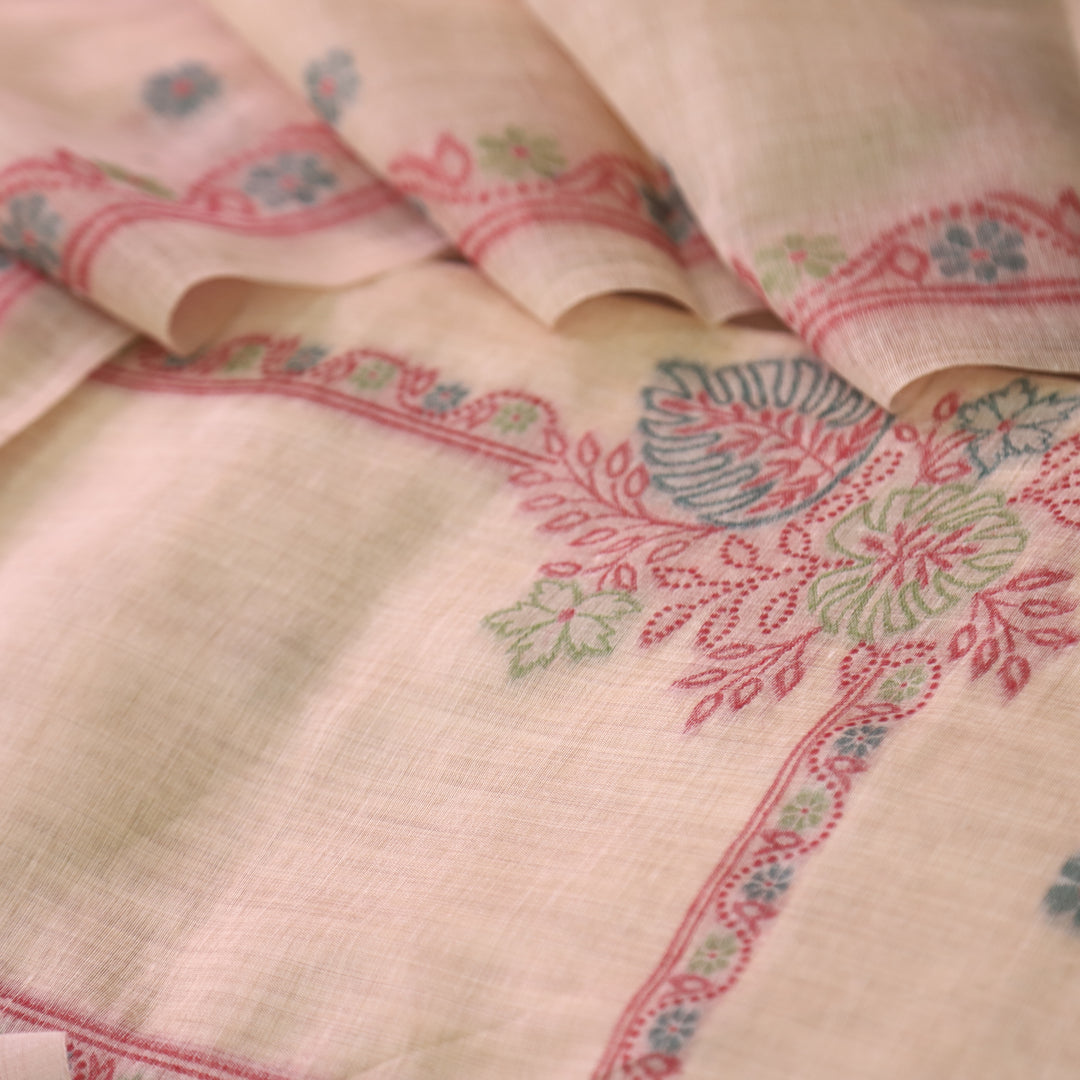 Ambarsari Warm Peach with Authentic Floral Jamdani Weaved Chanderi Suit Set