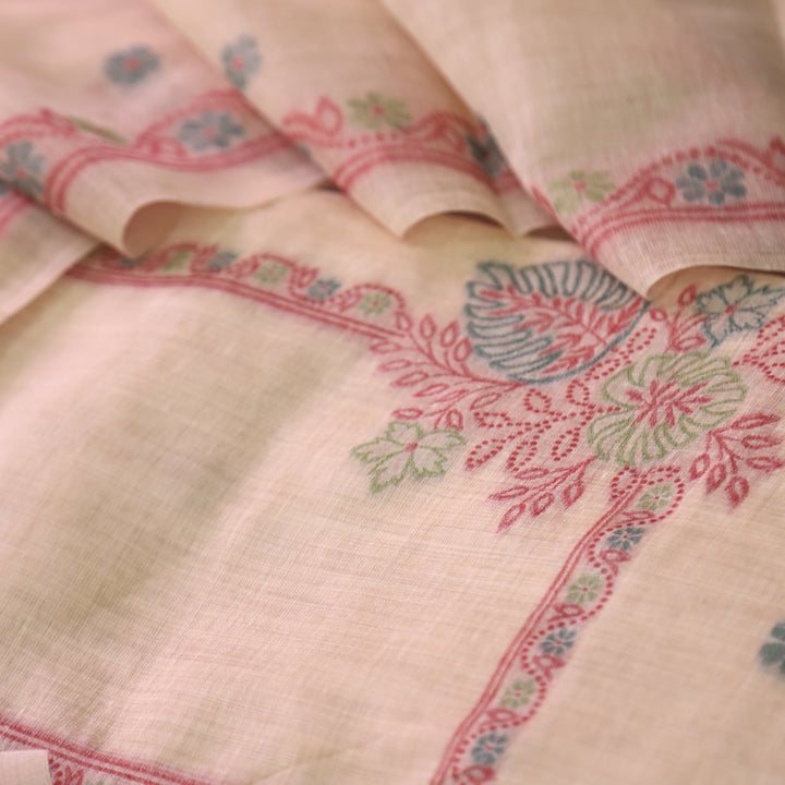 Ambarsari Warm Peach with Authentic Floral Jamdani Weaved Chanderi Suit Set