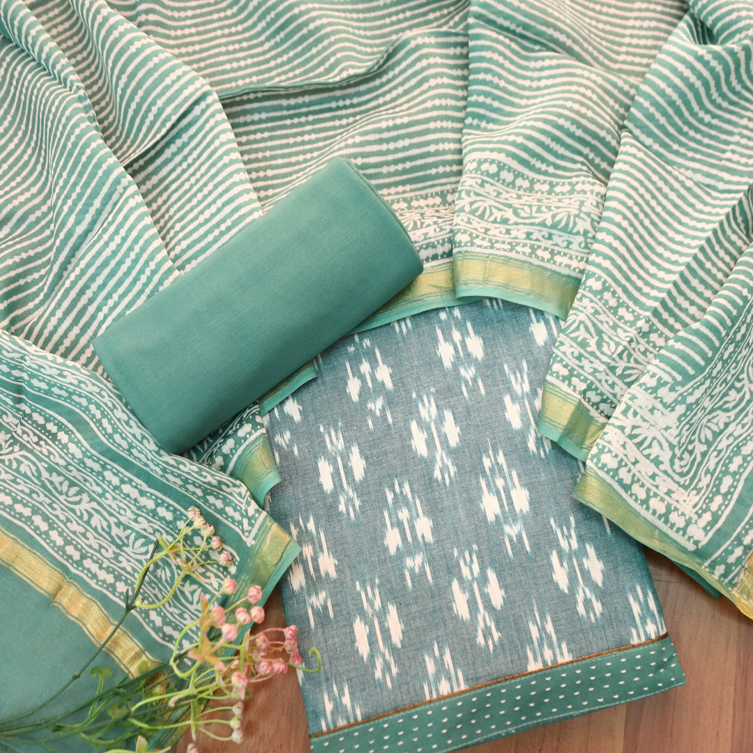 Vandana Castleton Sage All Over Ikkat Inspired Printed Handloom Cotton Suit Set