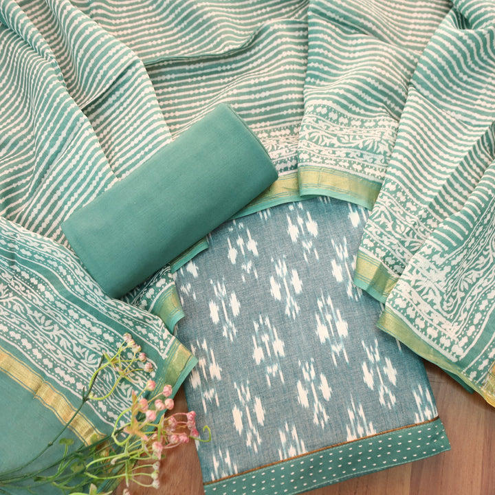 Vandana Castleton Sage All Over Ikkat Inspired Printed Handloom Cotton Suit Set