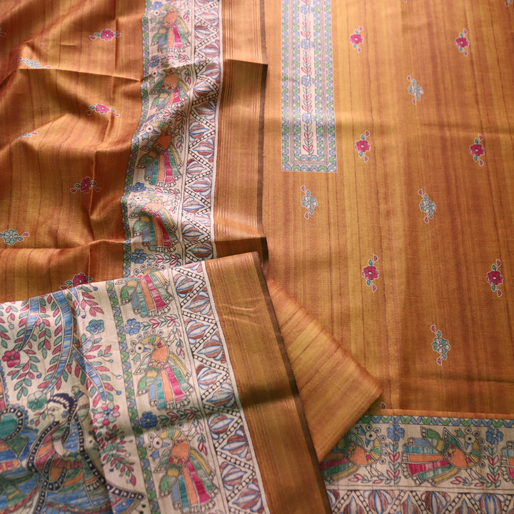 Ashwani Peanut Yellow Madhubai Print Neck and Hemline Art Silk Tussar Set