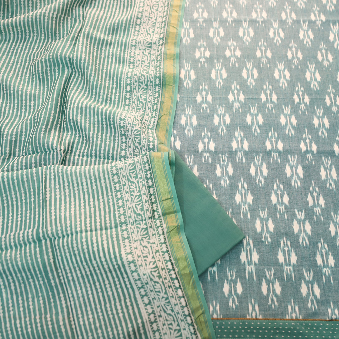 Vandana Castleton Sage All Over Ikkat Inspired Printed Handloom Cotton Suit Set