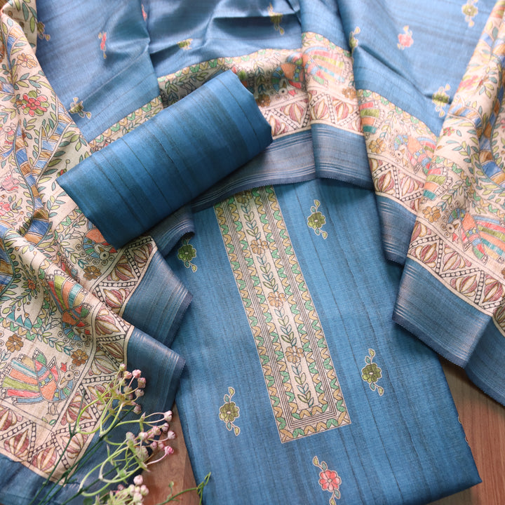 Ashwani Sapphire Blue Madhubai Print Neck and Hemline Art Silk Tussar Set