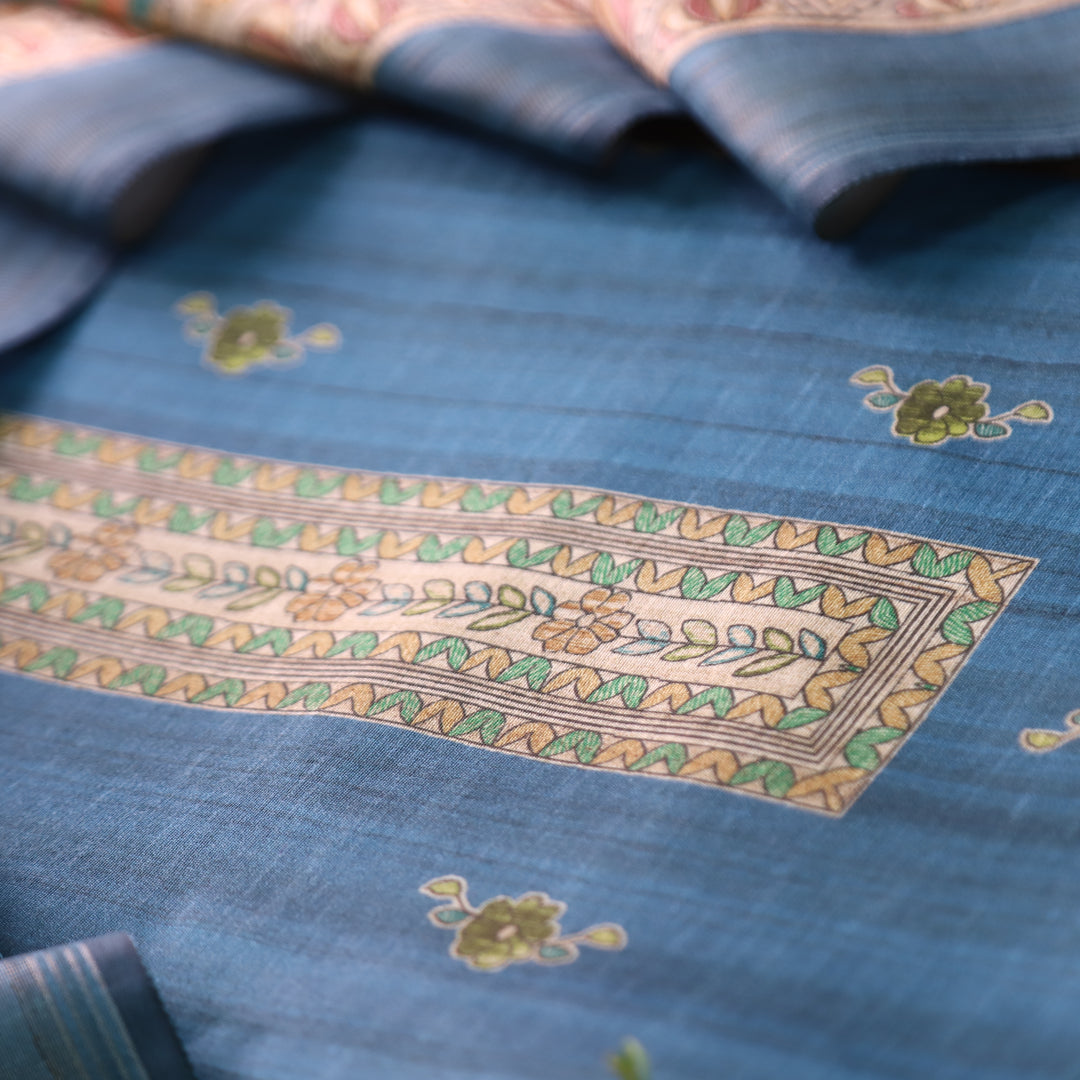 Ashwani Sapphire Blue Madhubai Print Neck and Hemline Art Silk Tussar Set