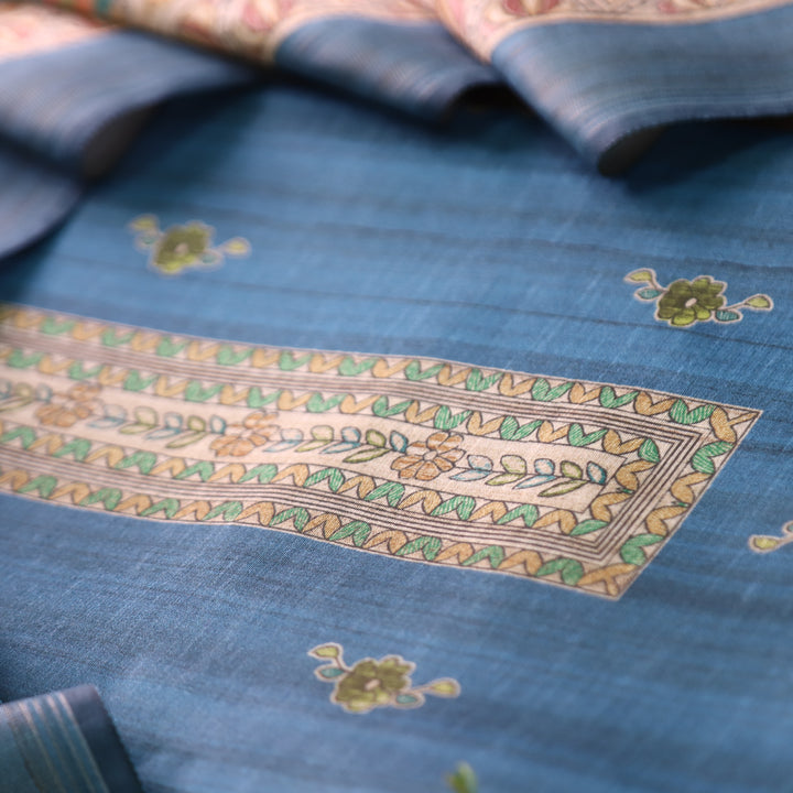 Ashwani Sapphire Blue Madhubai Print Neck and Hemline Art Silk Tussar Set