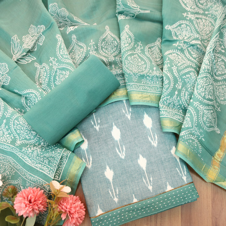 Vandana Sage Fern All Over Ikkat Inspired Printed Handloom Cotton Suit Set