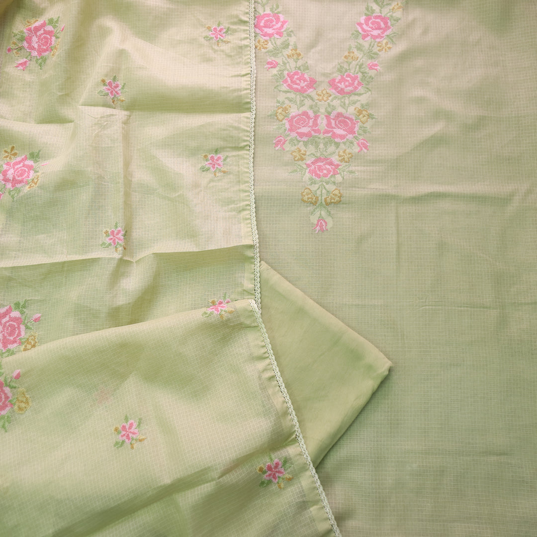 Parinde Leaf Green Cross-Stitch Thread Neck Work Kota Doriya Suit Set