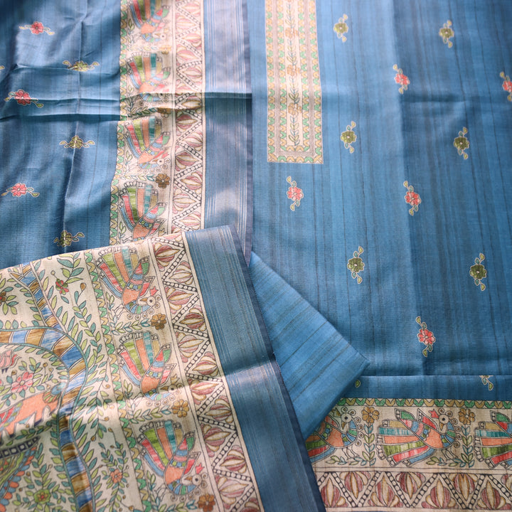 Ashwani Sapphire Blue Madhubai Print Neck and Hemline Art Silk Tussar Set