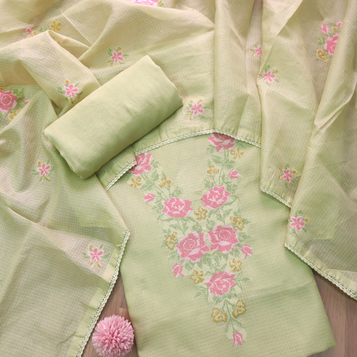 Parinde Leaf Green Cross-Stitch Thread Neck Work Kota Doriya Suit Set
