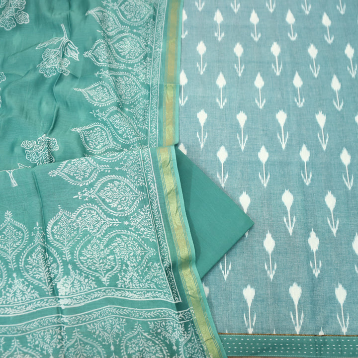 Vandana Sage Fern All Over Ikkat Inspired Printed Handloom Cotton Suit Set