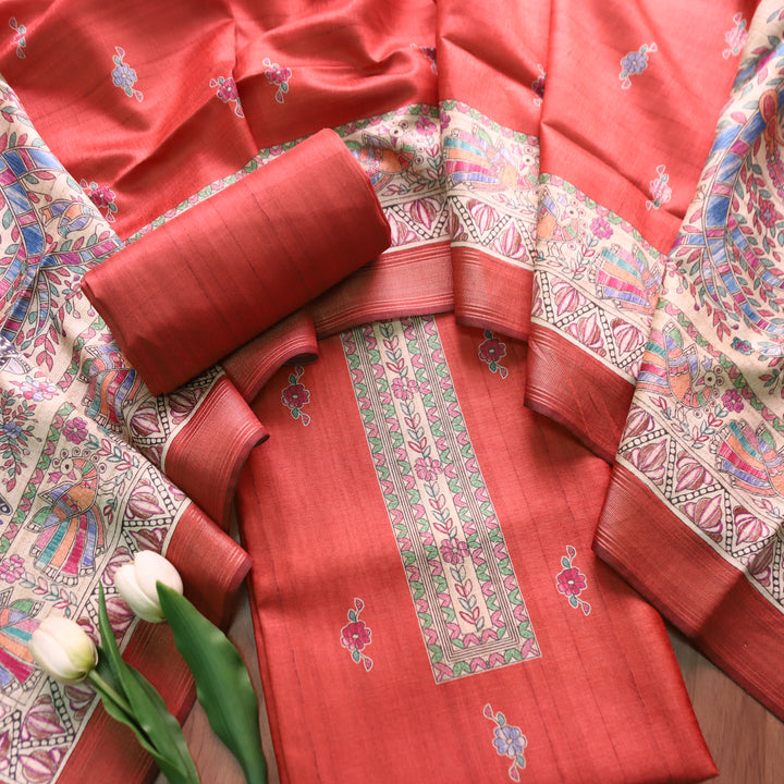 Ashwani Coral Blush Madhubai Print Neck and Hemline Art Silk Tussar Set
