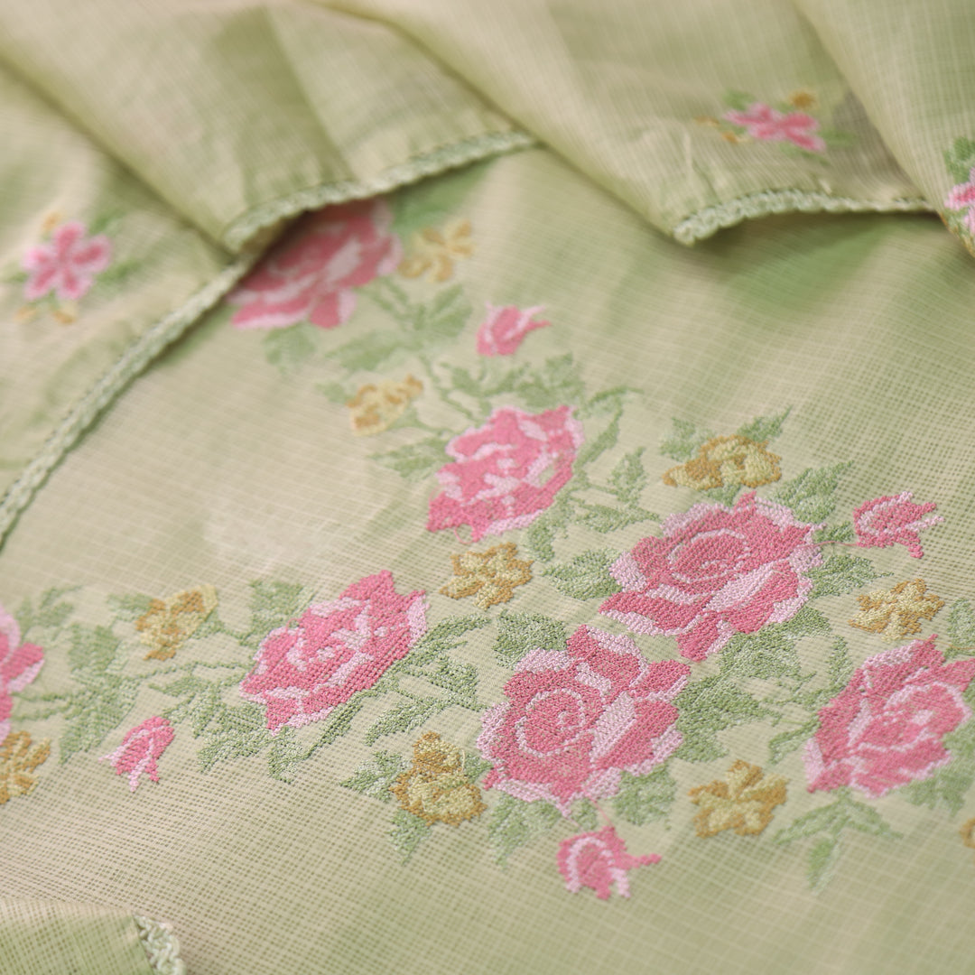 Parinde Leaf Green Cross-Stitch Thread Neck Work Kota Doriya Suit Set