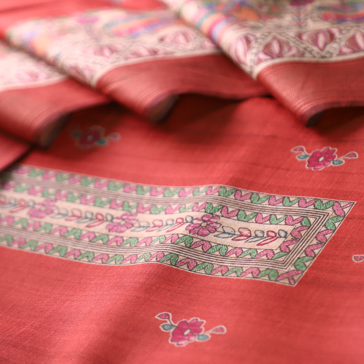 Ashwani Coral Blush Madhubai Print Neck and Hemline Art Silk Tussar Set