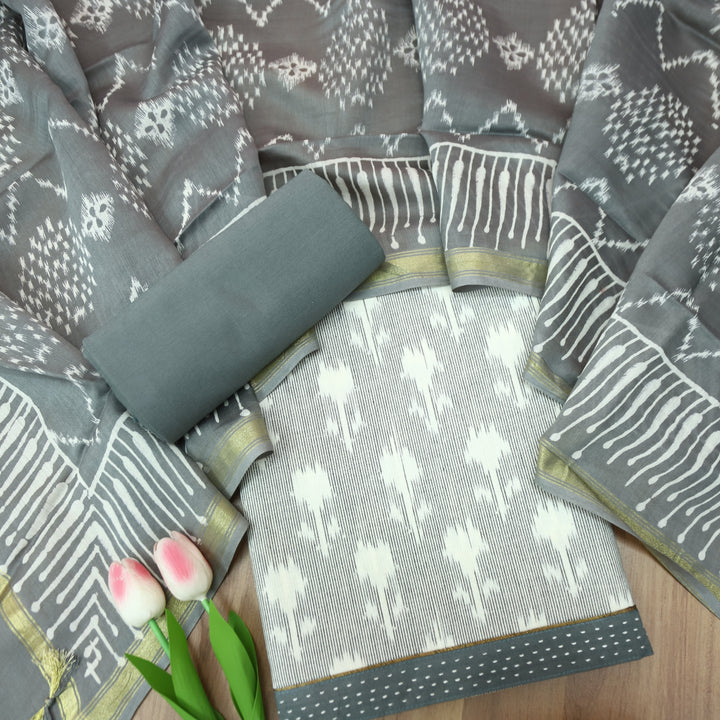 Vandana Fossil Grey All Over Ikkat Inspired Printed Handloom Cotton Suit Set
