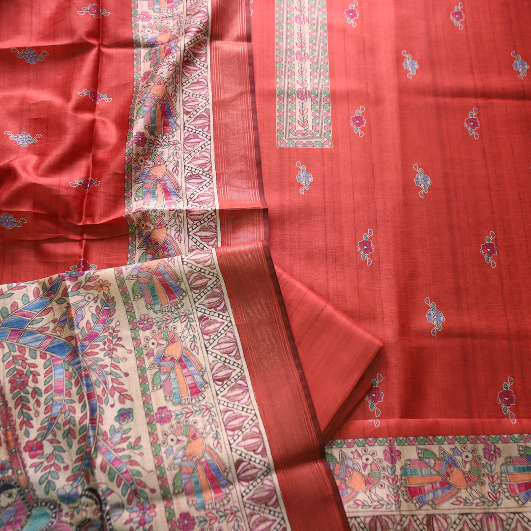 Ashwani Coral Blush Madhubai Print Neck and Hemline Art Silk Tussar Set