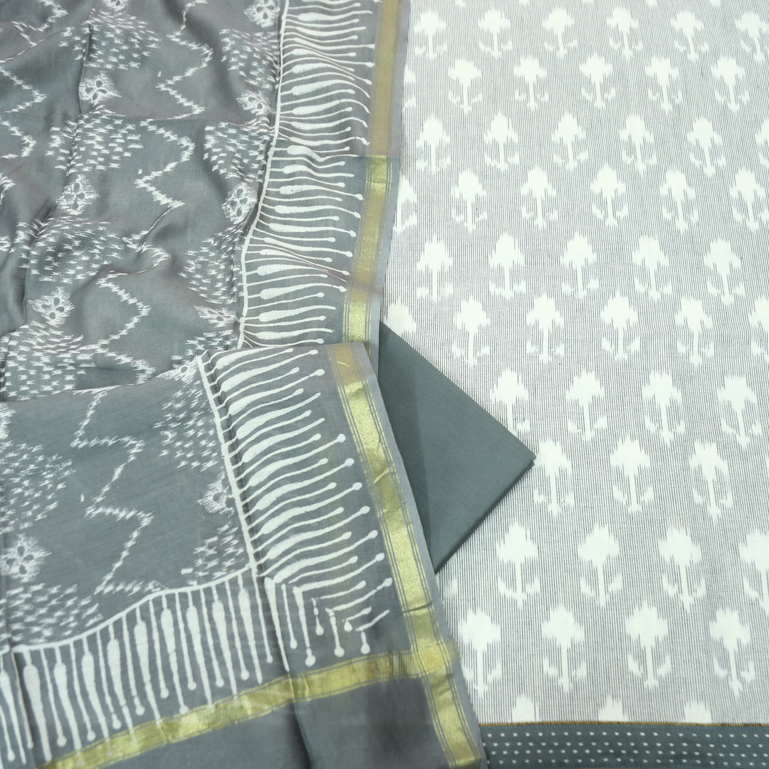 Vandana Fossil Grey All Over Ikkat Inspired Printed Handloom Cotton Suit Set